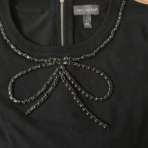 The Limited Women’s Black Beaded Bow Knit Top Size L Short Sleeve Minimalist - Picture 5 of 10